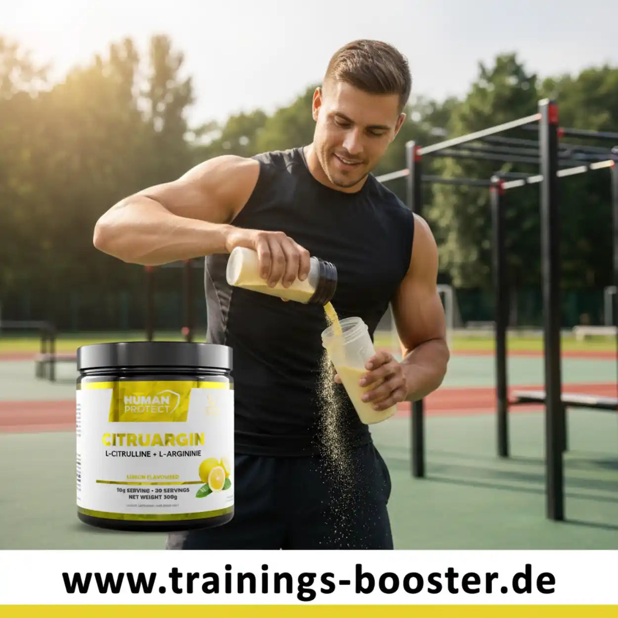 Muskulöser Mann füllt Citruargin Nahrungsergänzungsmittel in einen Shaker auf einem Sportplatz.