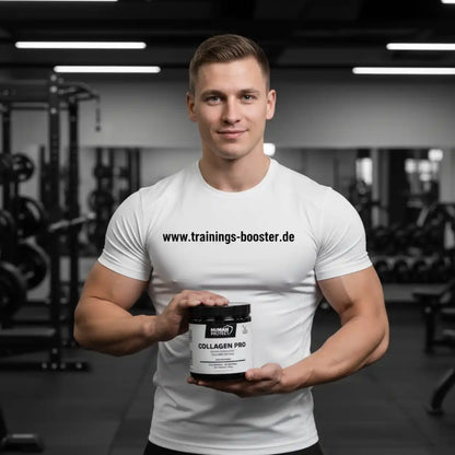 Muskulöser Mann im Fitnessstudio hält eine Dose Human Protex Collagen Pro Kollagen-Peptide.