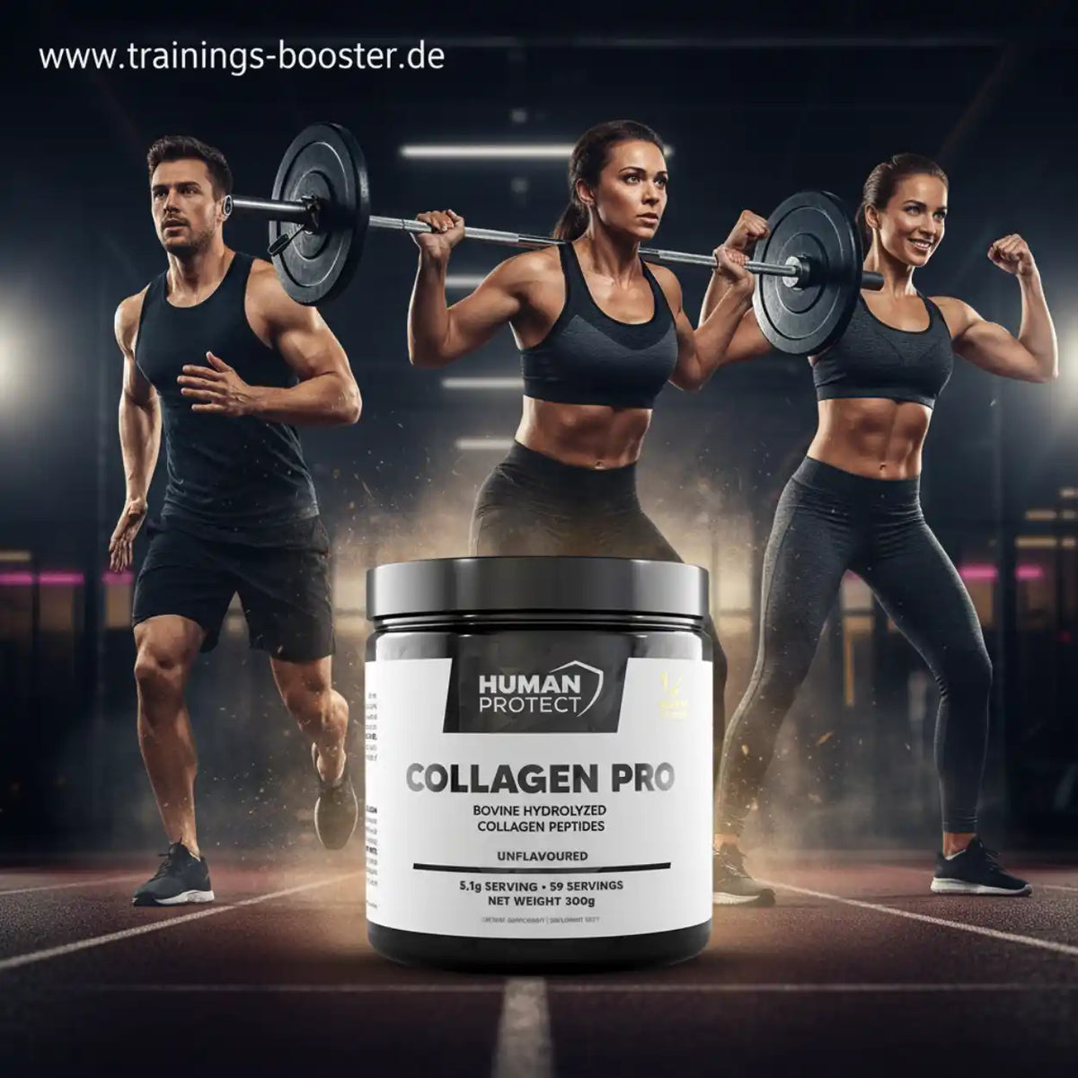 Human Protect Collagen Pro Nahrungsergänzungsmittel vor sportlichen Menschen im Fitnessstudio