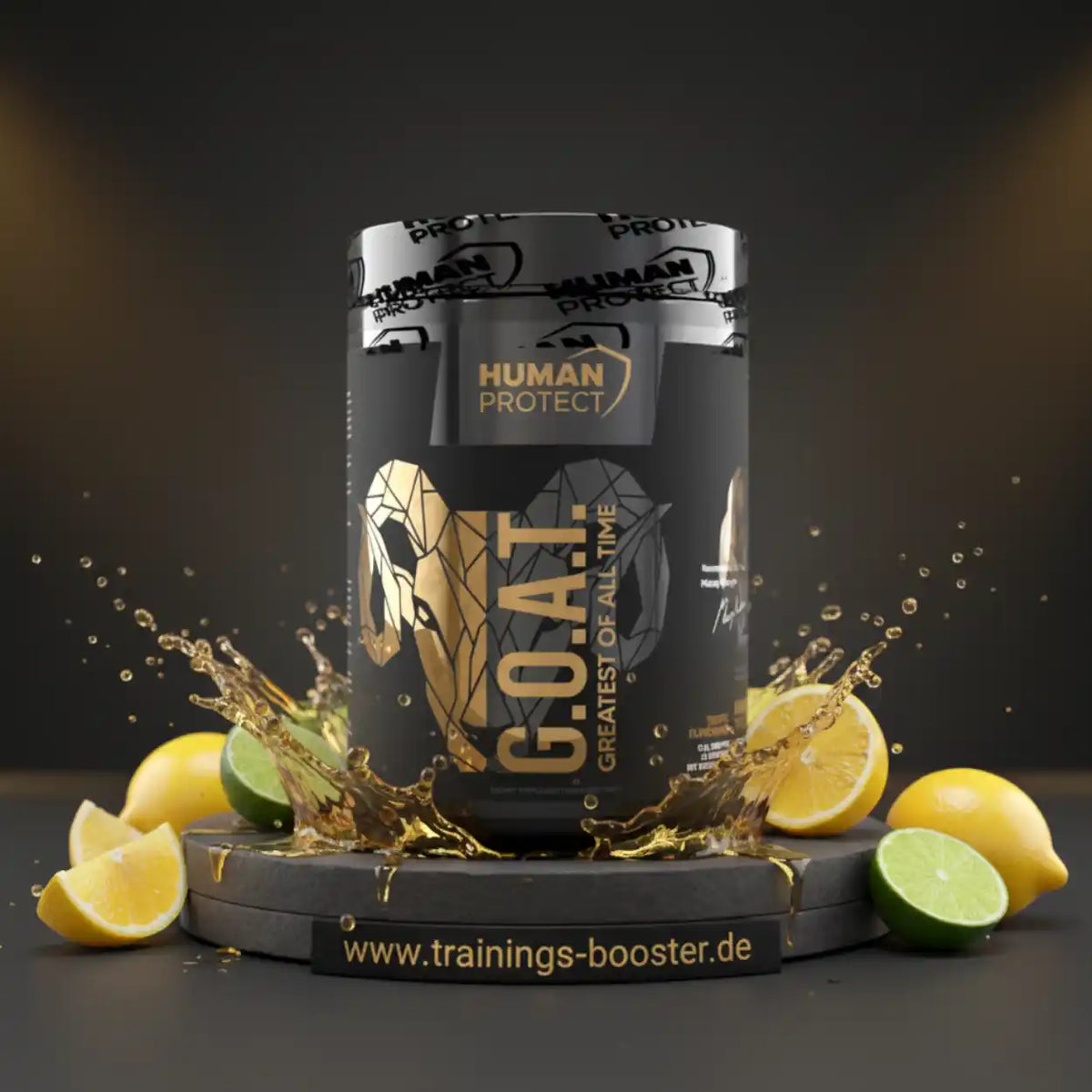 Schwarze Dose HUMAN PROTECT G.O.A.T. Sportnahrung mit Zitronen und spritzendem Wasser