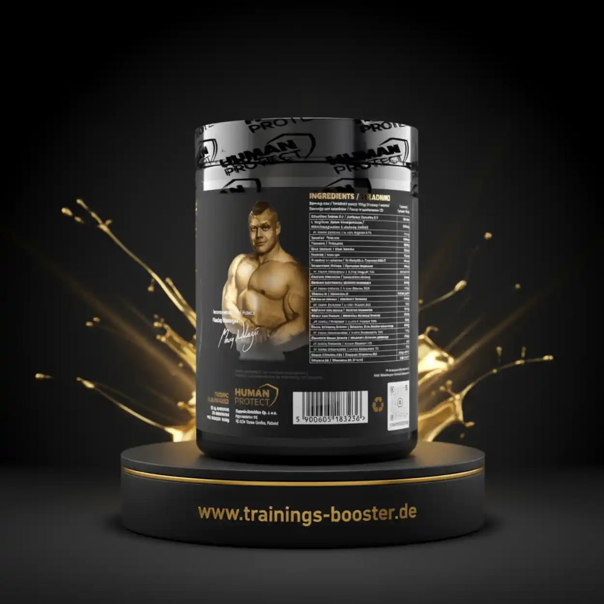 Schwarze Dose Human Project Nahrungsergänzungsmittel auf goldenem Podest vor dunklem Hintergrund.