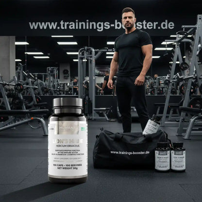 Lion's Mane Nahrungsergänzungsmittel vor einem muskulösen Mann im Fitnessstudio.