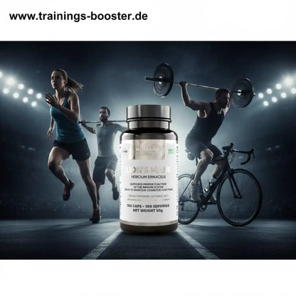 Human Protein Lion's Mane Nahrungsergänzungsmittel vor Sportlern und Rennrad