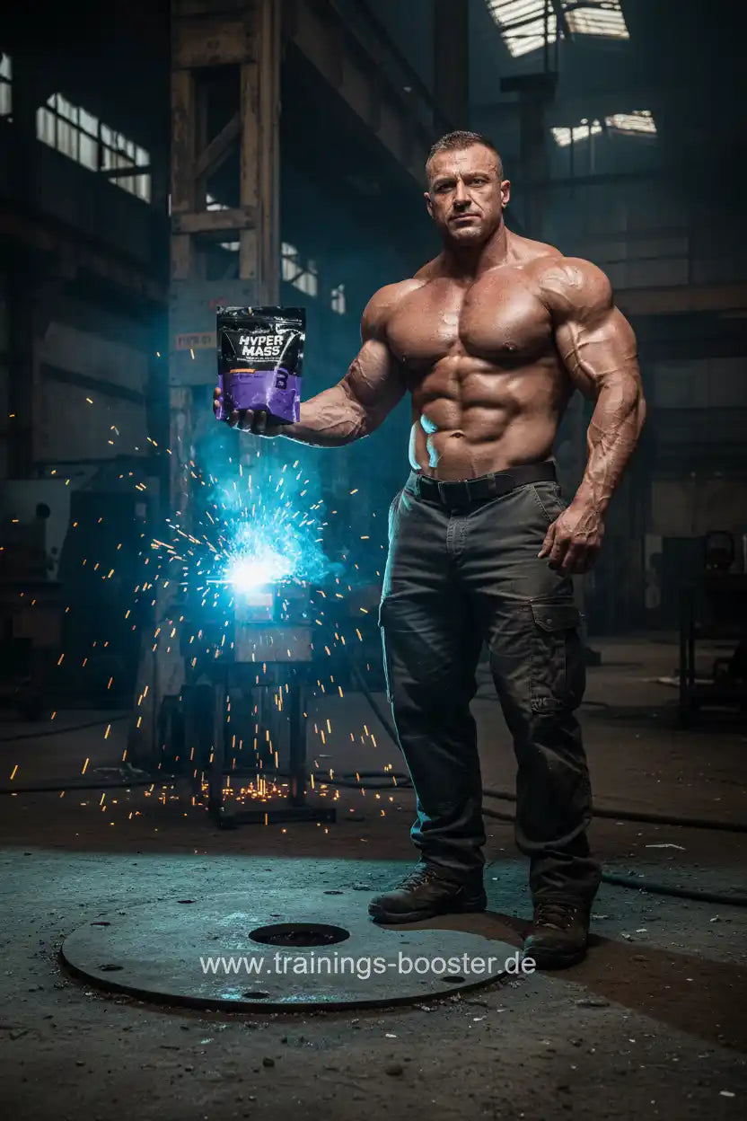 Muskulöser Athlet mit Hyper Mass Booster in Industriehalle – Krafttraining & Muskelaufbau