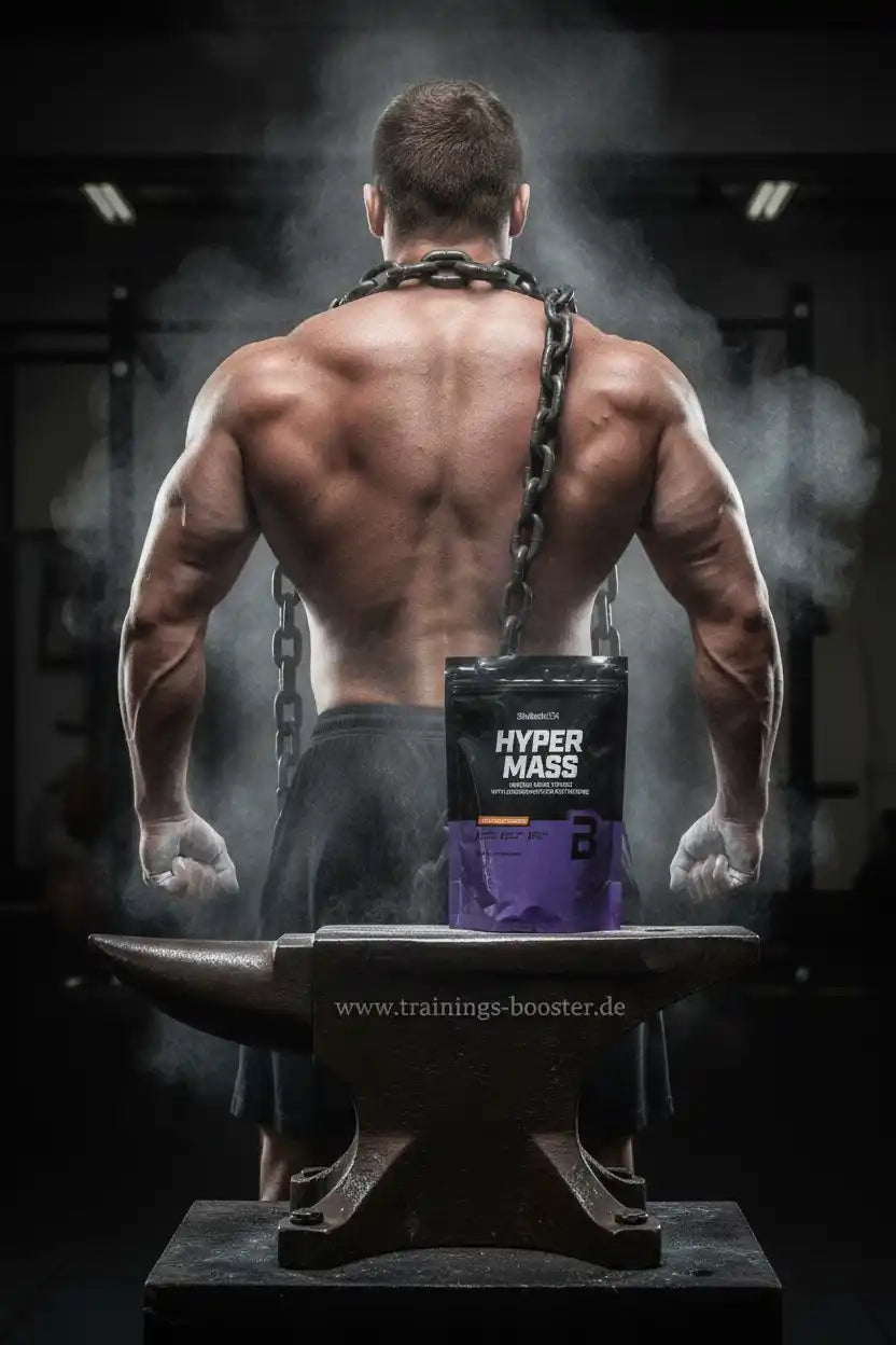 Muskulöser Mann mit Ketten um den Hals vor Hyper Mass Booster-Paket im Fitnessstudio