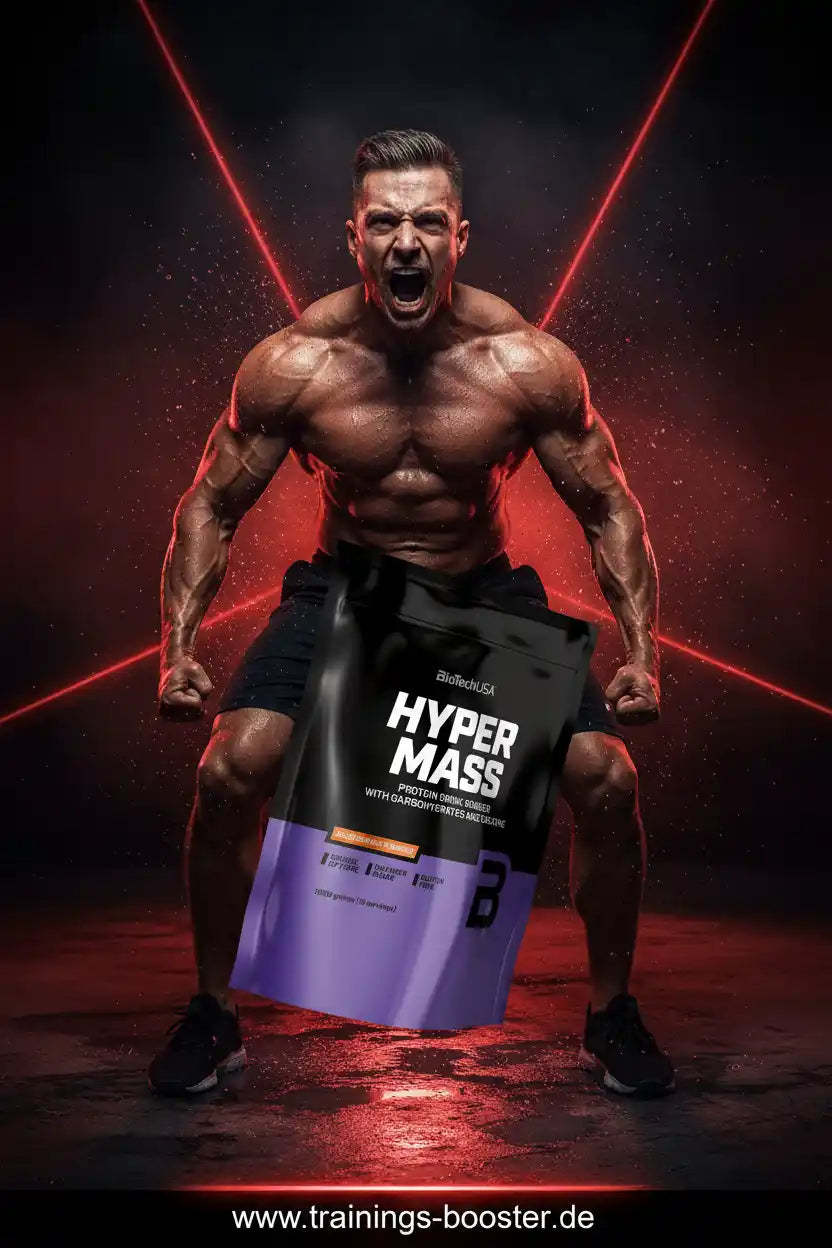 Muskulöser Athlet mit Hyper Mass Protein Powder für Muskelaufbau und Training