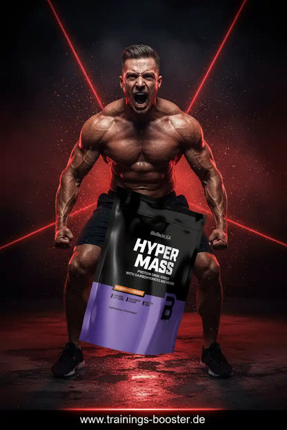Muskulöser Athlet mit Hyper Mass Protein Powder für Muskelaufbau und Training