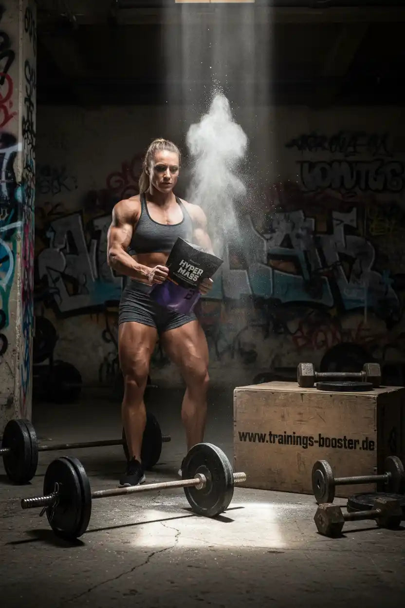 Muskulöse Frau mit Hyper Mass Booster in Graffiti-Gym, Fitness- und Sportnahrung für Krafttraining
