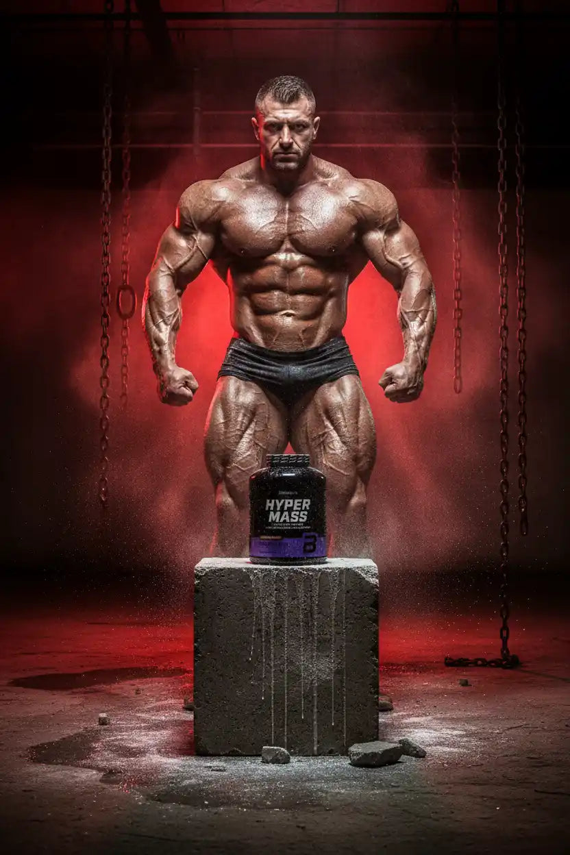 Muskulöser Bodybuilder mit Hyper Mass Booster vor rotem Hintergrund – ideal für Krafttraining und Muskelaufbau