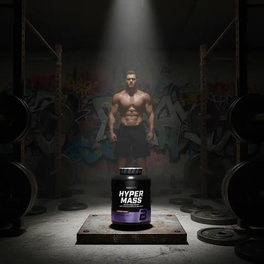 Hyper Mass Muskelaufbau-Booster im Fitnessstudio mit muskulösem Athleten und Gewichten