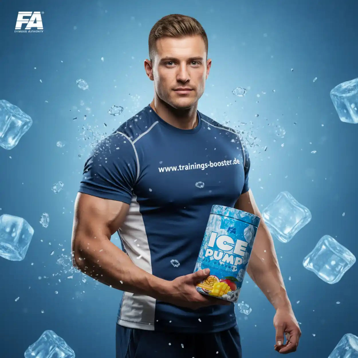 Muskulöser Mann mit Sportshirt hält Ice Pump Trainingsbooster, umgeben von Eiswürfeln