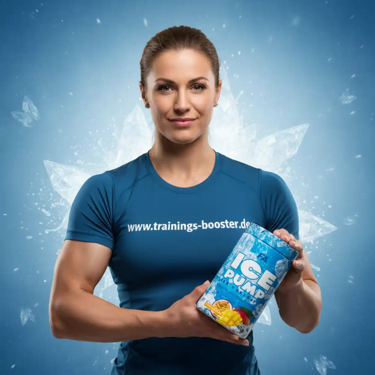 Sportliche Frau hält ICE PUMP Trainingsbooster Dose vor eisigem Hintergrund, Nahrungsergänzungsmittel