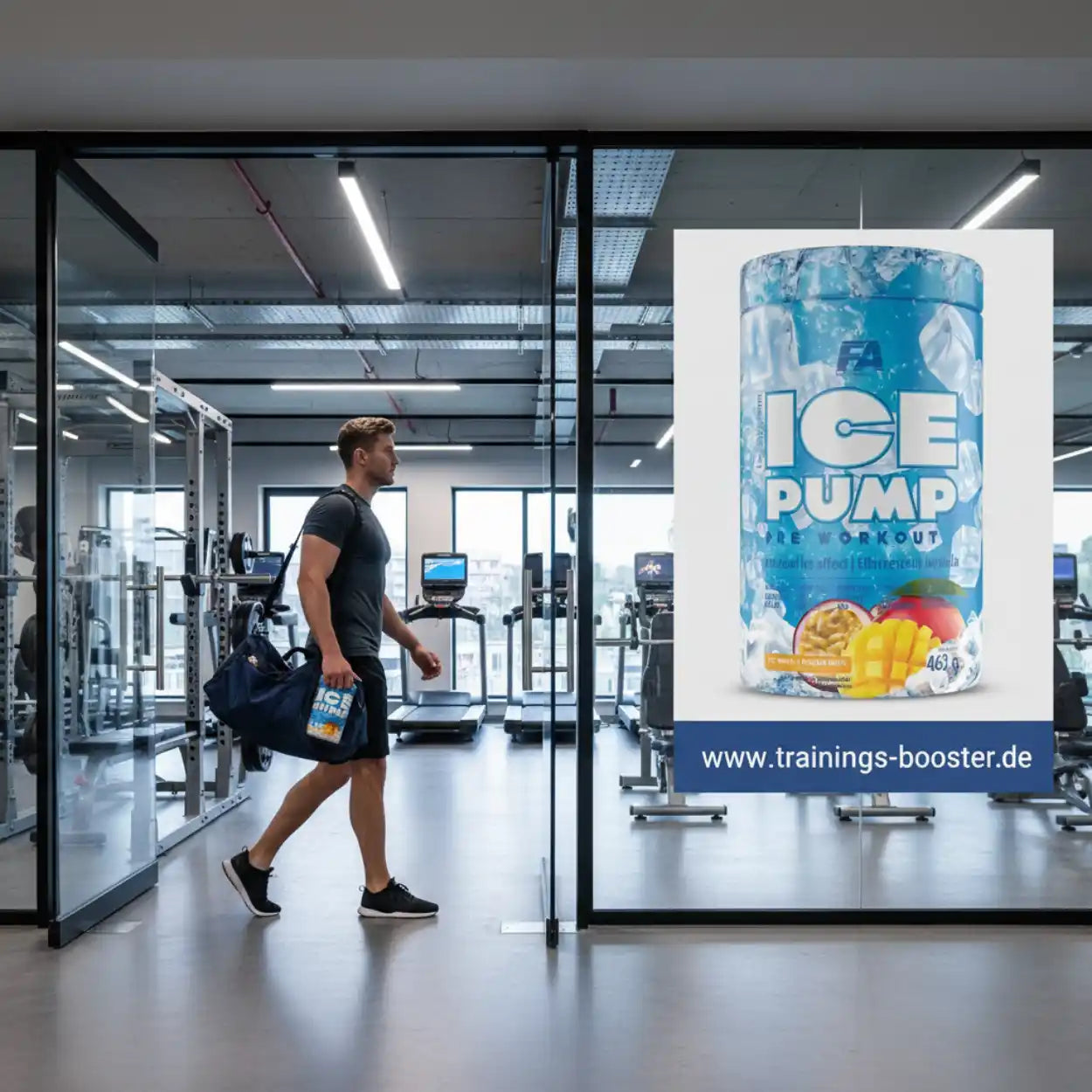Mann im Fitnessstudio mit Sporttasche und FA ICE PUMP Pre-Workout Booster, Plakat an Glaswand