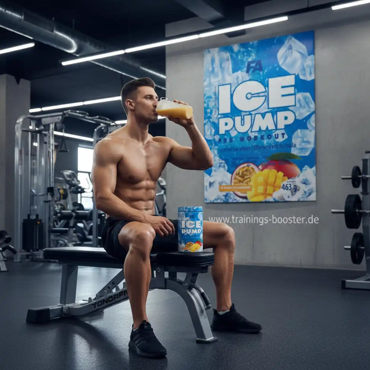 Muskulöser Mann im Fitnessstudio trinkt Pre-Workout-Drink ICE PUMP mit Mango-Geschmack.