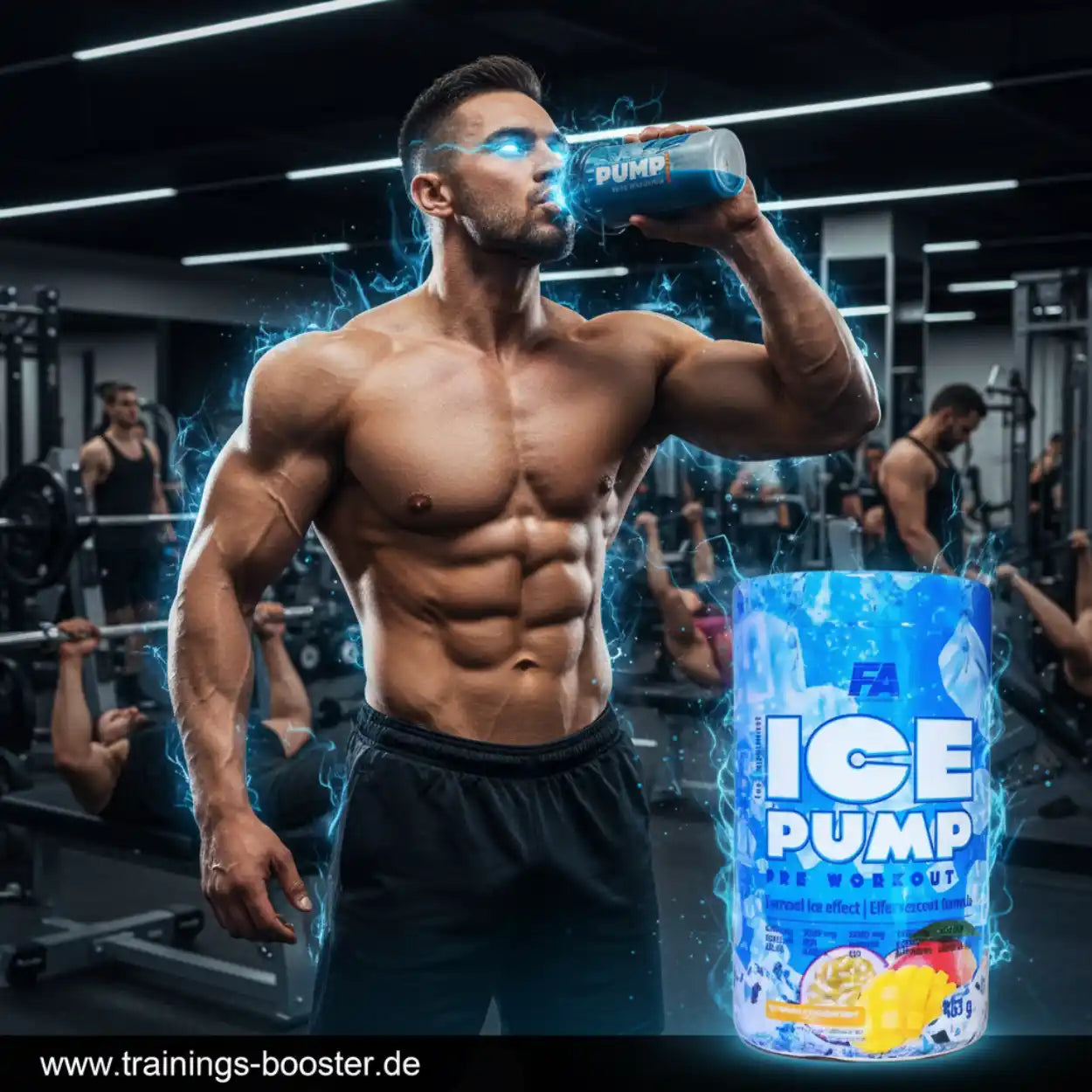Muskulöser Mann im Fitnessstudio mit ICE PUMP Pre-Workout Booster, energieladener Look