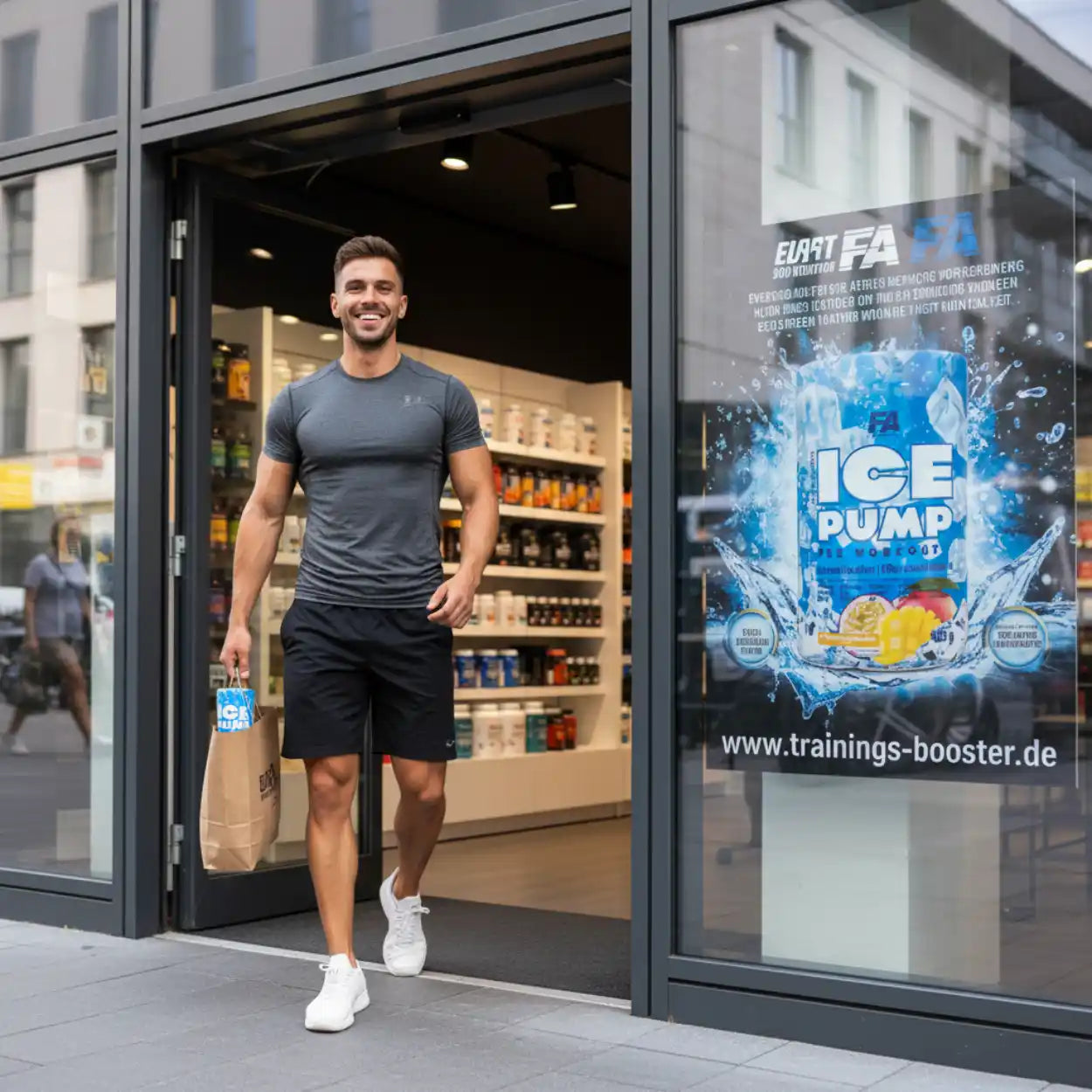 Sportlicher Mann verlässt Geschäft für Sportnahrung, Ice Pump Pre Workout Werbung im Fenster