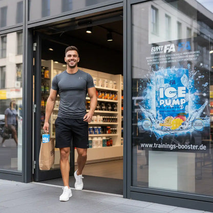 Sportlicher Mann verlässt Geschäft für Sportnahrung, Ice Pump Pre Workout Werbung im Fenster