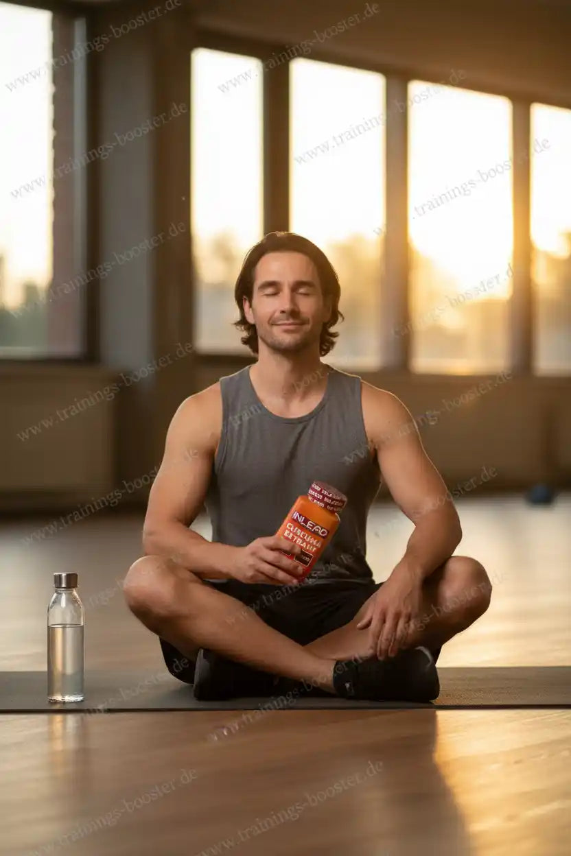 Mann mit Citrullin-Malat-Booster nach Training im Fitnessstudio