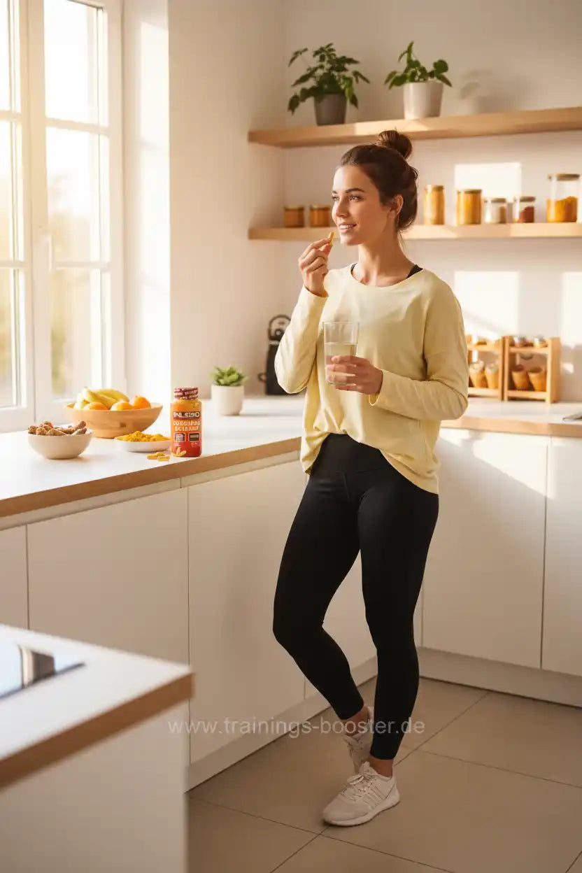 Frau nimmt Nahrungsergänzungsmittel in der Küche, ideal für Sport und Fitness
