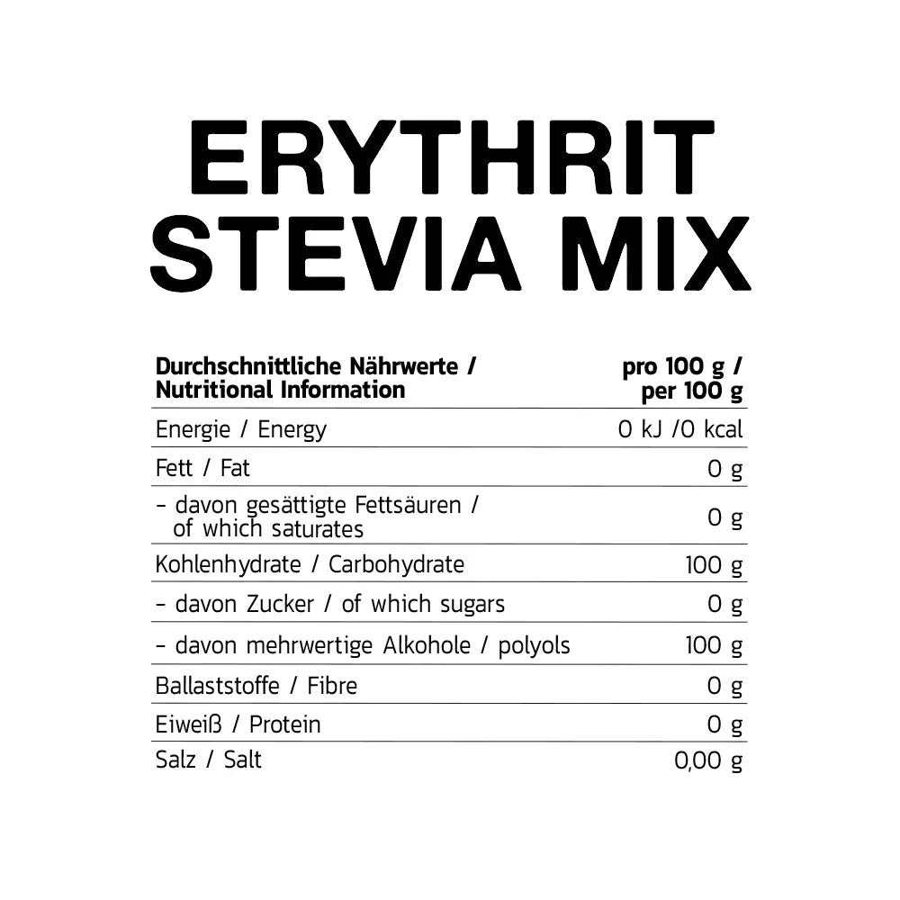 Erythrit Stevia Mix Nährwerttabelle – zuckerfrei, kalorienarm, ideal für Sportnahrung & Booster