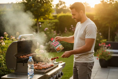 Mann grillt im Garten mit Sauce und Wasserflasche – perfekt nach dem Training