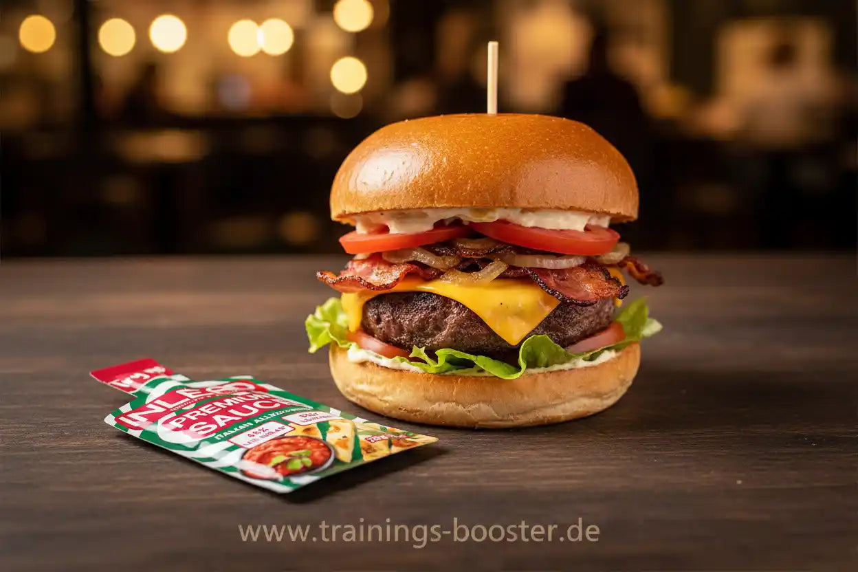 Leckerer Burger mit Bacon, Käse, Tomate und Sauce – perfekt für Sportler und Fitness-Enthusiasten