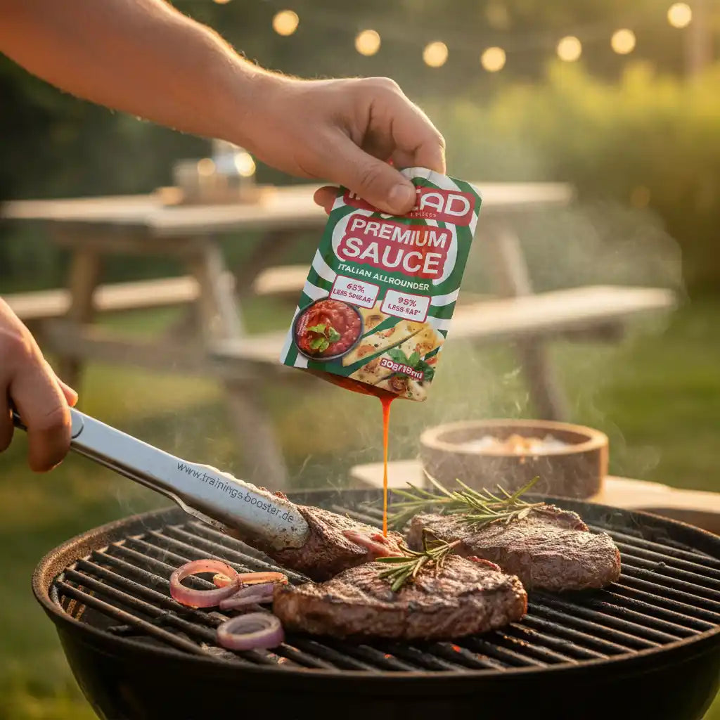 Premium Sauce über Steak auf Grill gießen – italienische Allrounder-Sauce mit weniger Zucker & Fett