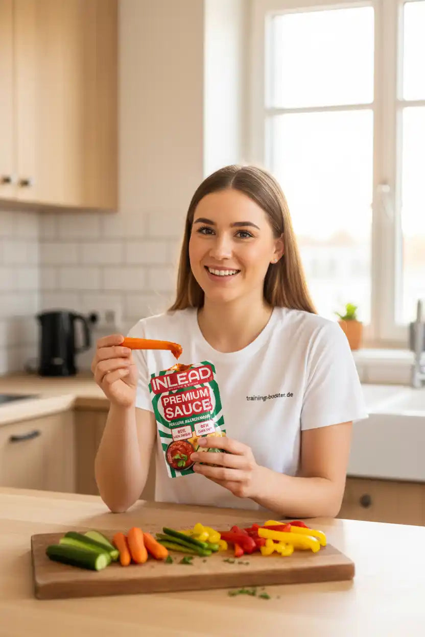 Frau mit INLEAD Premium Sauce und Gemüsesticks in der Küche