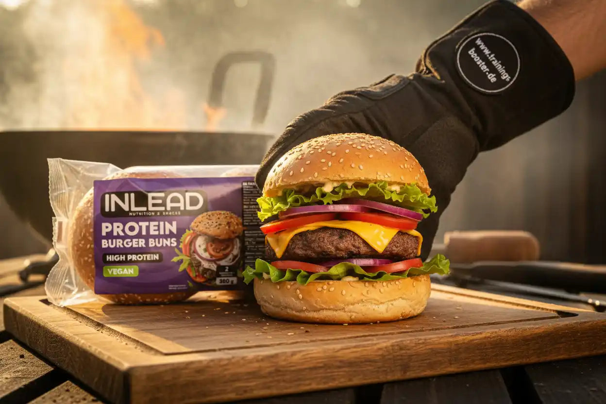 Protein-Burger mit INLEAD Protein-Burger-Buns, vegan und high protein, perfekt für Sportler