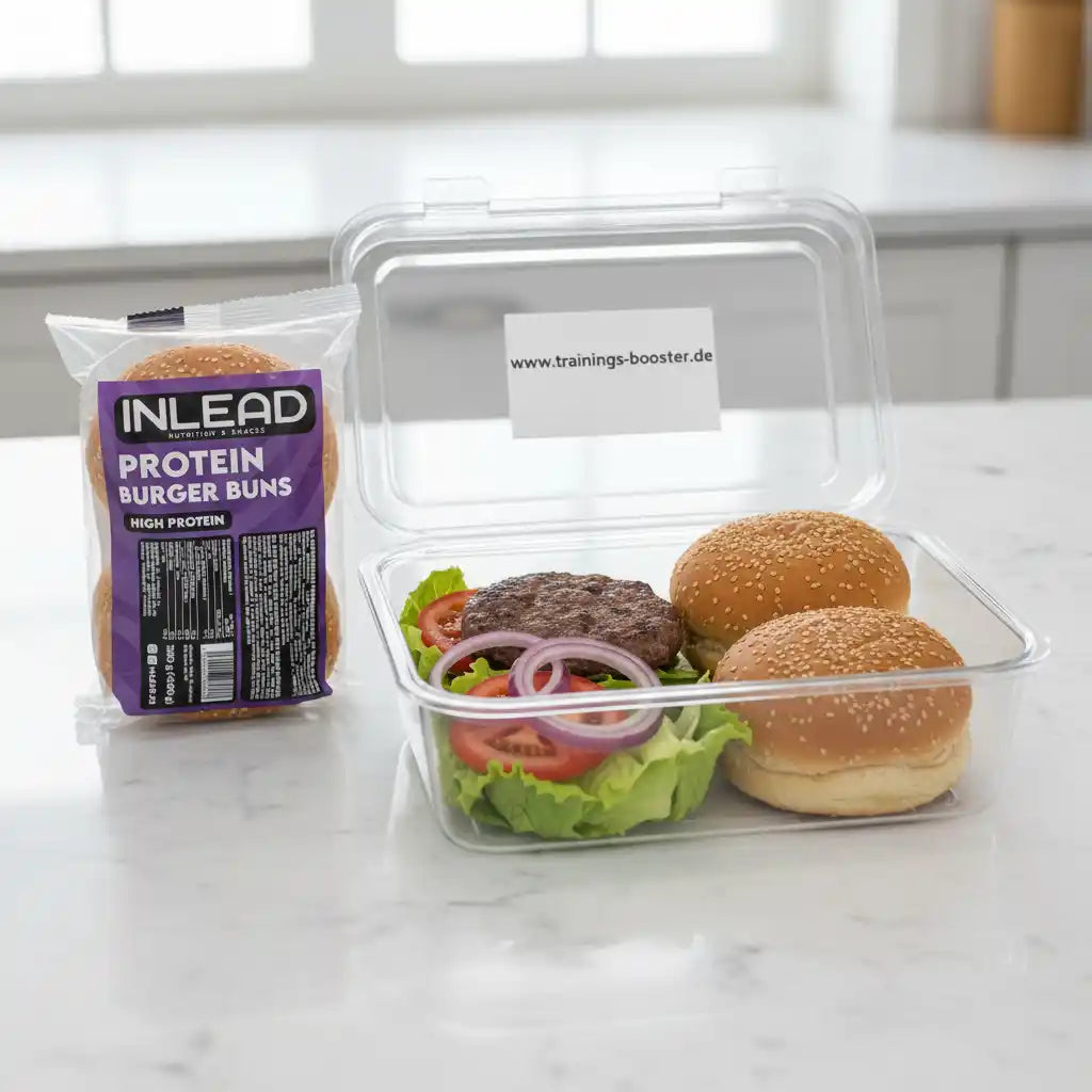 Protein Burger Buns mit Hamburger und Gemüse in Lunchbox, ideal für Sportler und Fitness-Enthusiasten