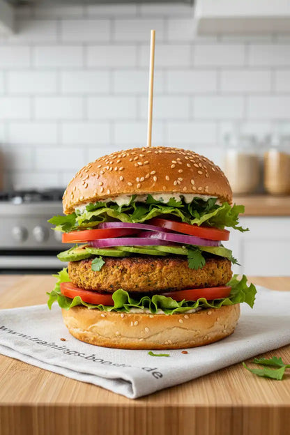 Leckerer Veggie-Burger mit Avocado, Tomate und Zwiebeln auf Sesambrötchen