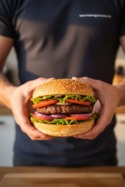 Leckerer Burger mit Rindfleisch-Patty, frischem Salat, Tomaten und Zwiebeln – perfekt für Sportler und Fitness-Enthusiasten