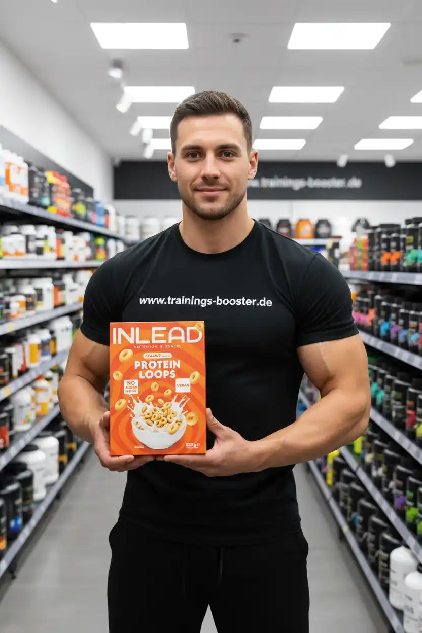 Muskulöser Mann hält INLEAD Protein Loops in Sportnahrungsgeschäft