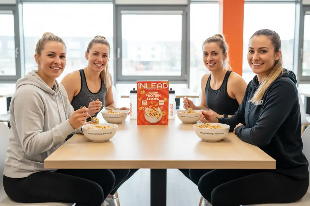 Vier Frauen essen INLEAD Protein Loops zum Frühstück – ideal für Sportler und Fitness-Enthusiasten