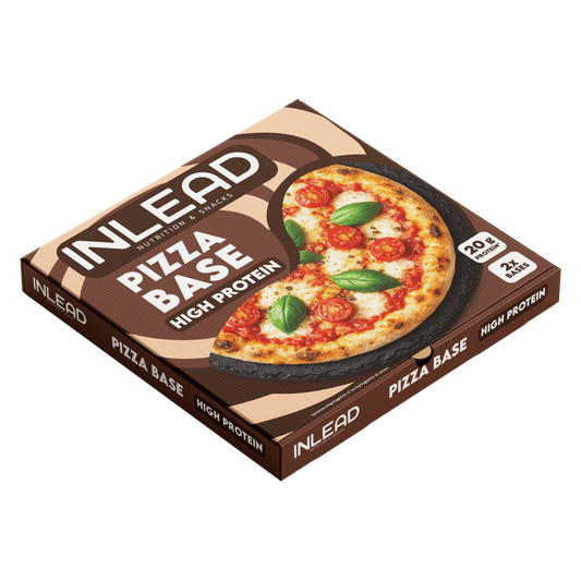 Inlead Nutrition Protein Pizza Base Verpackung mit einer belegten Protein-Pizza
