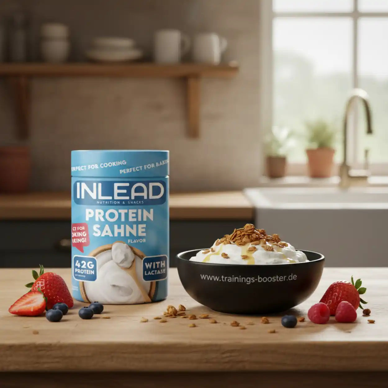 INLEAD Protein Sahne mit 42g Protein, ideal für Kochen & Backen, serviert mit Beeren und Granola