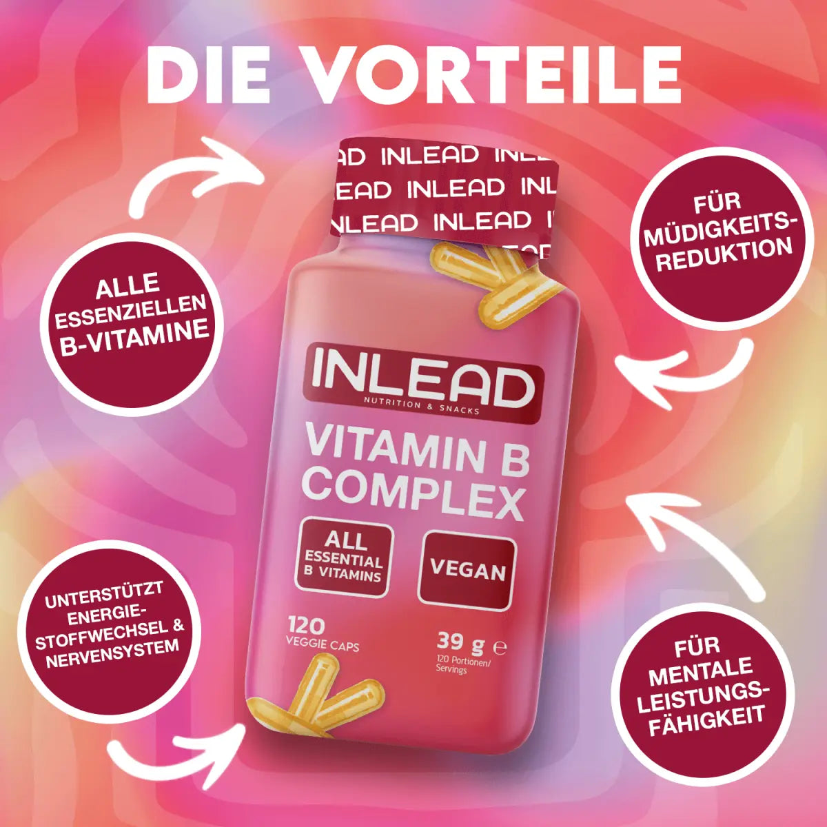 INLEAD Vitamin B Complex Dose, vegan, 120 Kapseln, Vorteile auf buntem Hintergrund