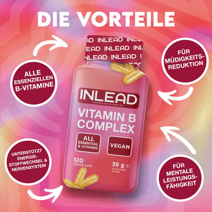 INLEAD Vitamin B Complex Dose, vegan, 120 Kapseln, Vorteile auf buntem Hintergrund