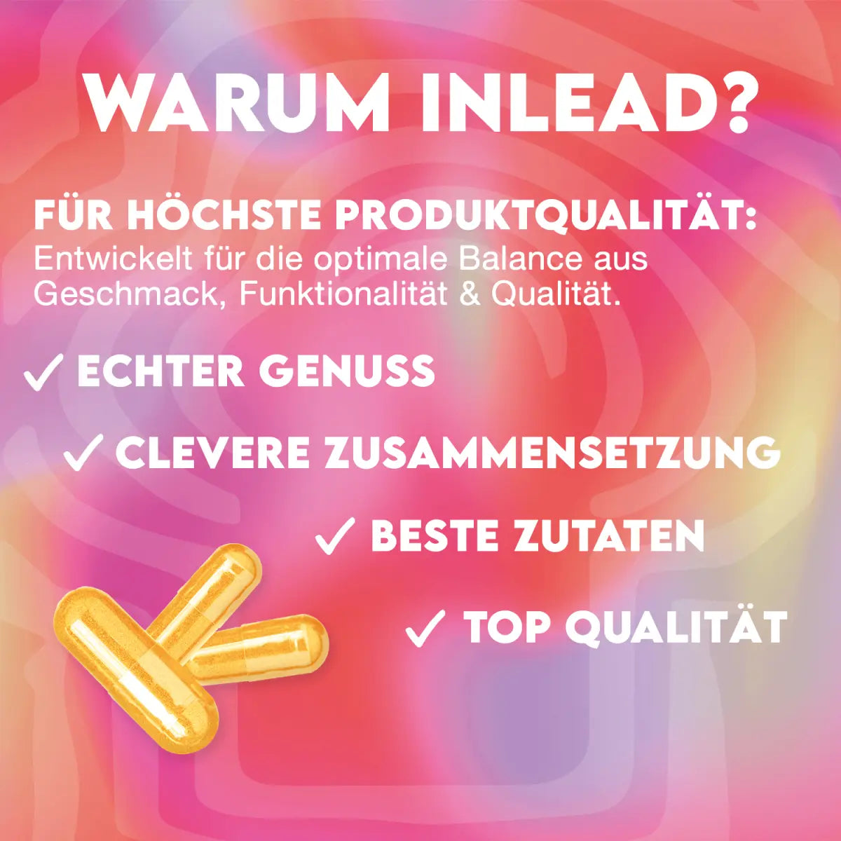 Gelbe Vitamin-Kapseln vor buntem Hintergrund mit Text zu Produktqualität und Inhaltsstoffen