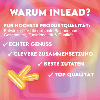 Gelbe Vitamin-Kapseln vor buntem Hintergrund mit Text zu Produktqualität und Inhaltsstoffen