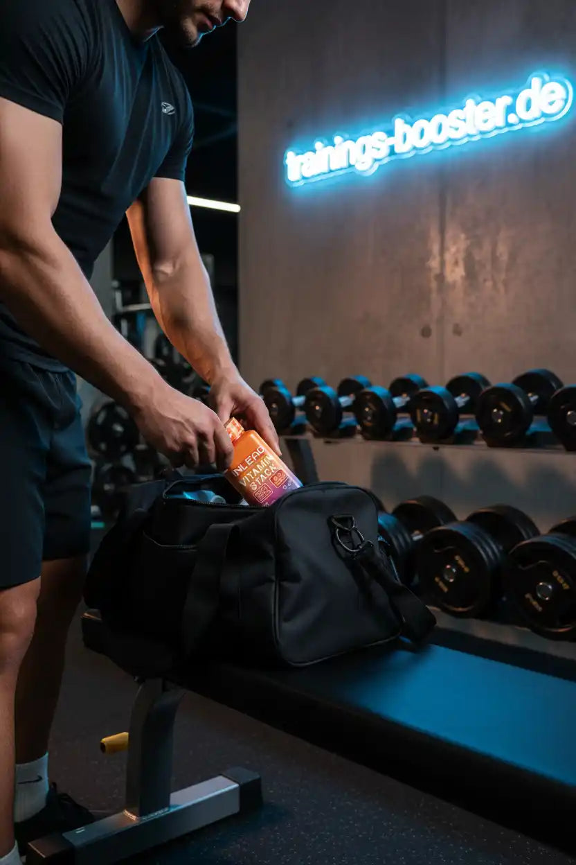 Muskulöser Mann packt INLEAG Vitamin Stack in Sporttasche im Fitnessstudio
