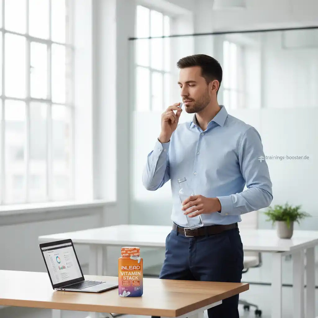 Mann nimmt Vitamin Stack Tablette mit Wasser ein, Büro-Setting, Nahrungsergänzung für Sport und Gesundheit