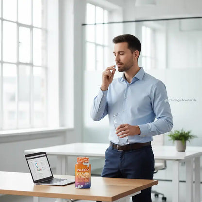 Mann nimmt Vitamin Stack Tablette mit Wasser ein, Büro-Setting, Nahrungsergänzung für Sport und Gesundheit