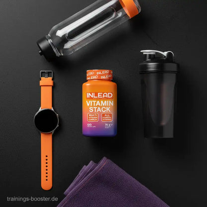 INLEAD Vitamin Stack Multivitamin-Komplex mit Sportuhr, Shaker und Trinkflasche auf schwarzem Hintergrund