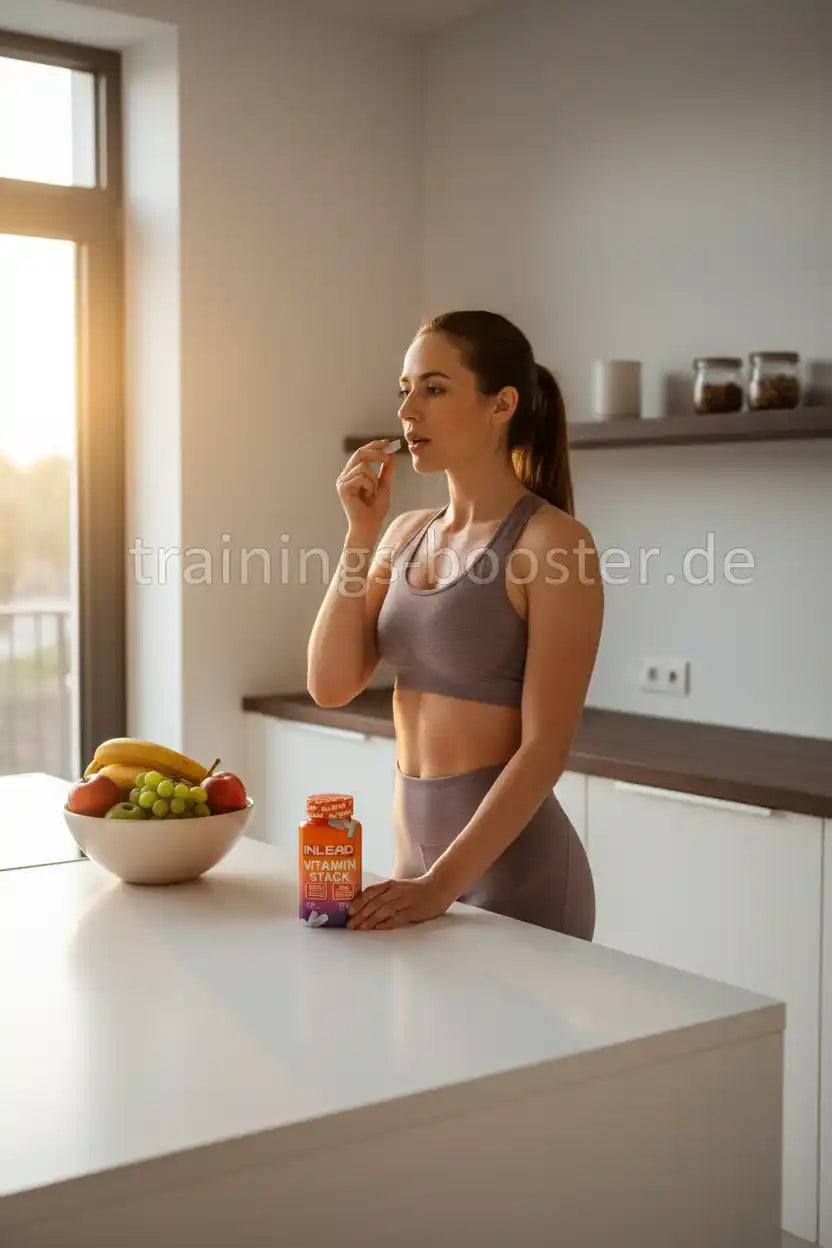 Frau nimmt Vitamin-Stack-Tablette in moderner Küche mit Obstschale