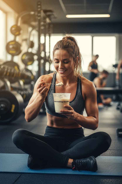 Frau isst Protein-Shake im Fitnessstudio nach Training, Sportnahrung & Booster für Muskelaufbau