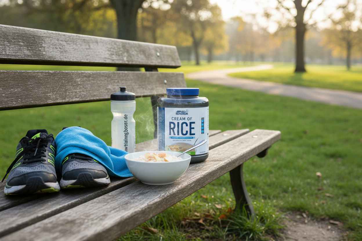 Sportnahrung Cream of Rice mit Laufschuhen und Trinkflasche auf Parkbank
