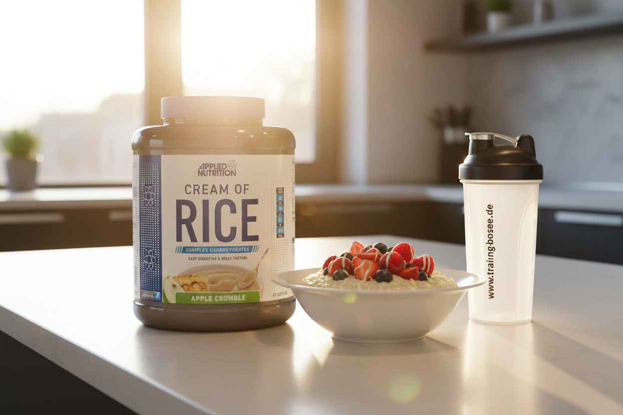 Cream of Rice von Applied Nutrition, Apple Crumble Geschmack, mit Beeren und Shaker auf Küchenarbeitsplatte