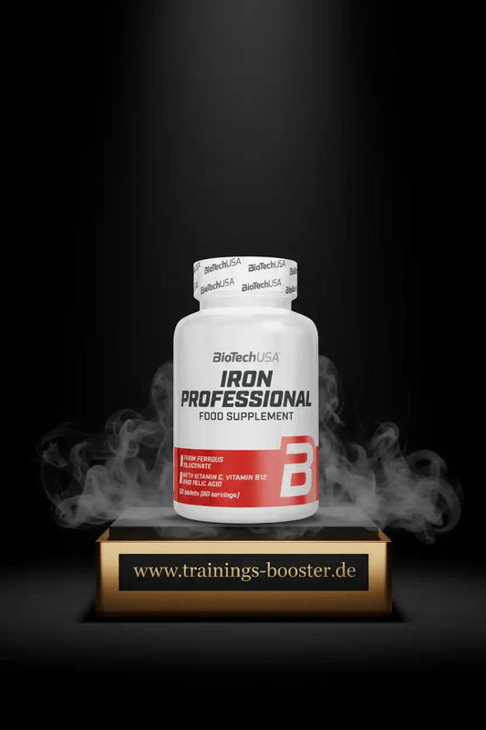 BioTechUSA Iron Professional Nahrungsergänzungsmittel mit Vitamin C & B12 auf goldenem Podest