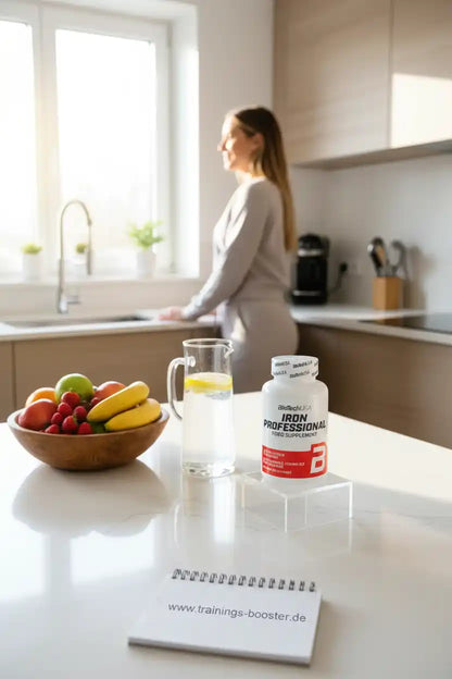 Iron Professional Nahrungsergänzungsmittel mit frischem Obst und Wasser in moderner Küche